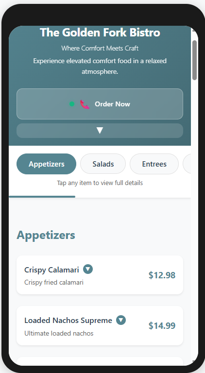Digital menu on mobile phone